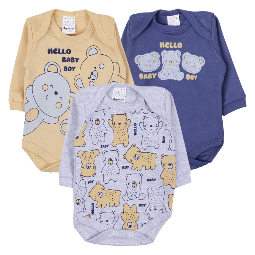Kit Body Bebê Petutinha Manga Longa Urso Hello Baby 3 Peças