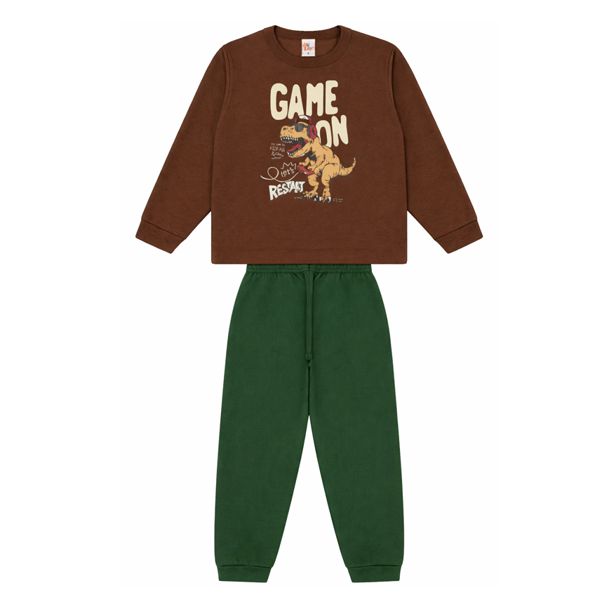 Pijama Longo Infantil Duzizo Meia Malha Estampa Dinossauro
