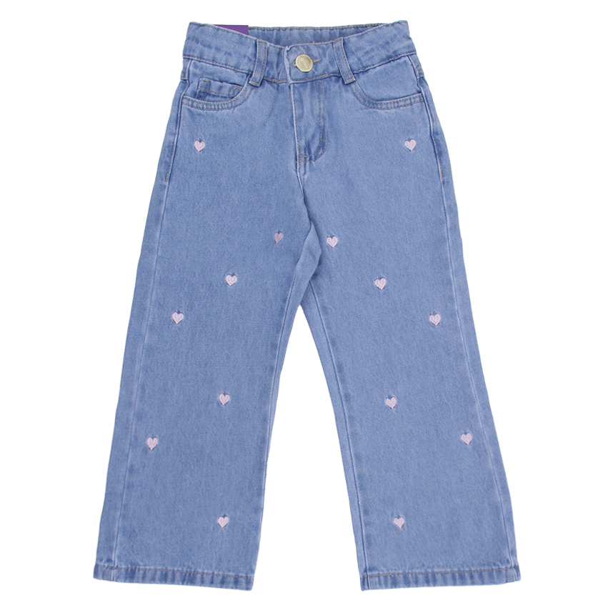 Calça Jeans Infantil Revert Wide Leg com Bordado Coração