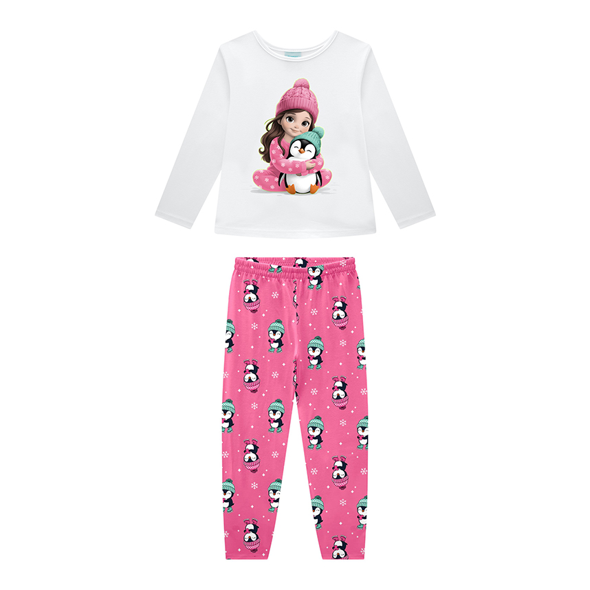 Pijama longo infantil Kyly meia malha estampa pinguim