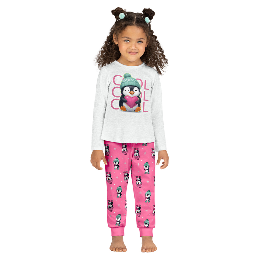 Pijama longo infantil Kyly meia malha estampa pinguim
