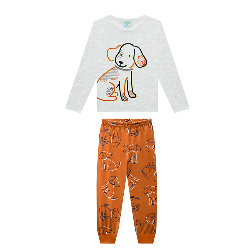 Pijama longo infantil Kyly meia malha estampa cachorro