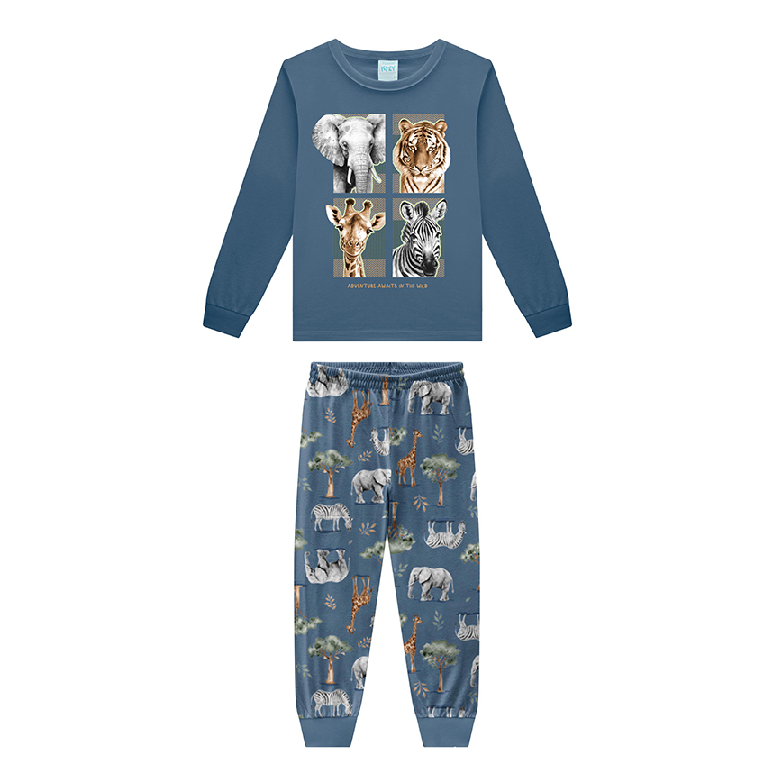 Pijama longo Juvenil Kyly Meia Malha Estampa Safari