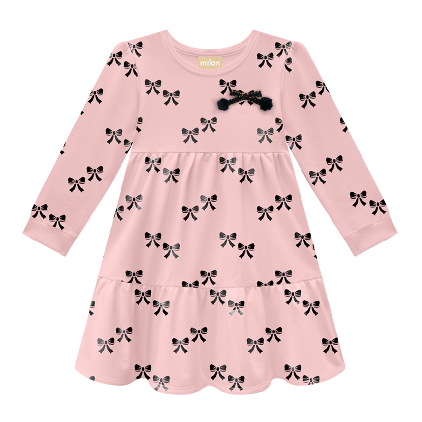 Vestido Infantil Milon Manga Longa Moletinho Estampa Laços
