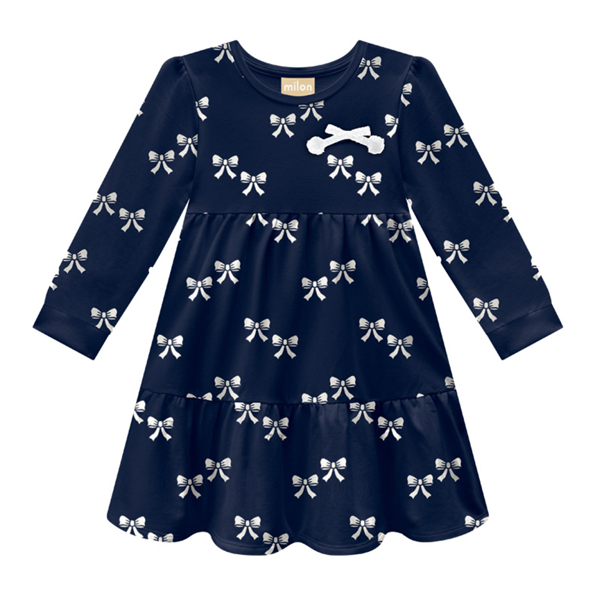 Vestido Infantil Milon Manga Longa Moletinho Estampa Laços