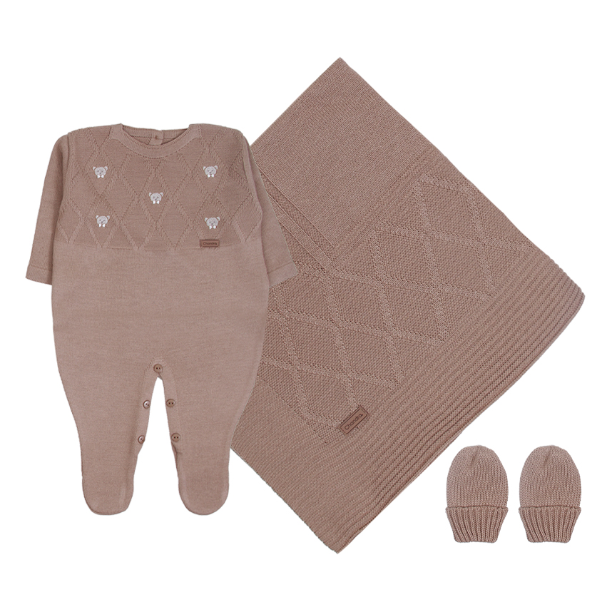 Saída Maternidade Chandra Tricô Bordado Urso 3 Peças