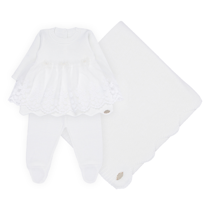 Saída Maternidade Chandra Tricô Vestido Renda 3 Peças