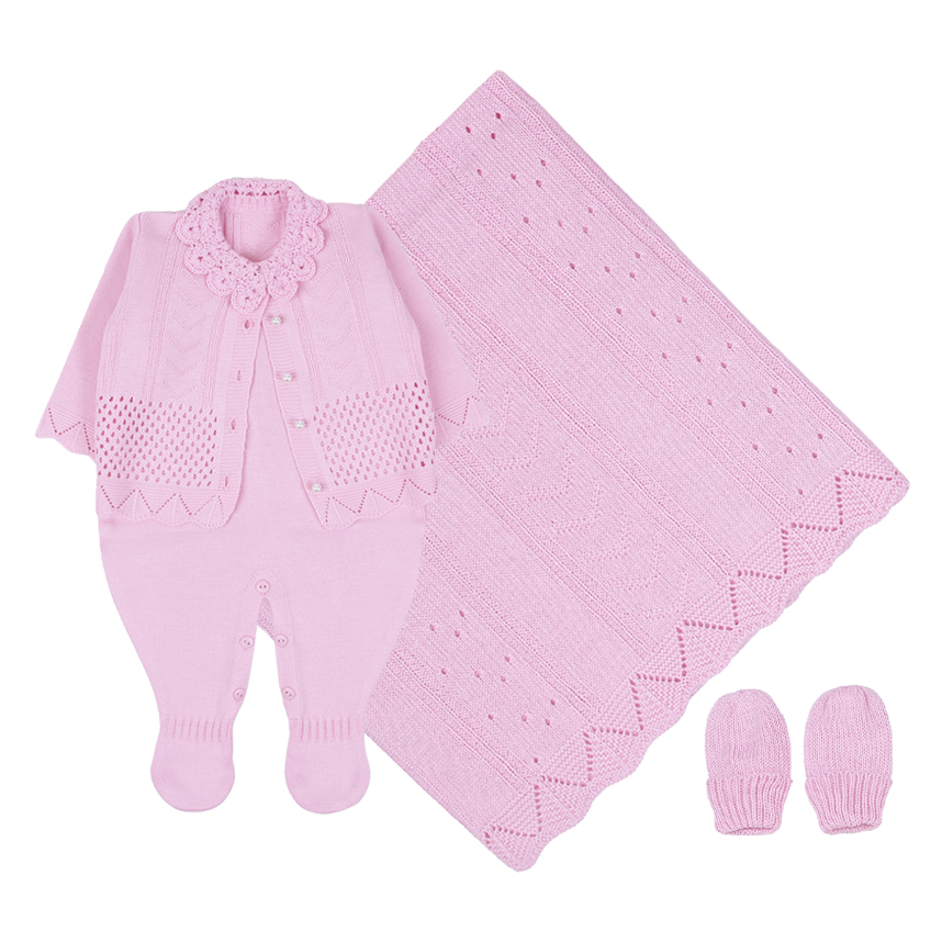 Saída Maternidade Chandra Em Tricô Trabalhado 4 Peças