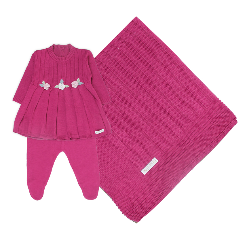 Saída Maternidade Chandra Tricô Bordado Flores 3 Peças