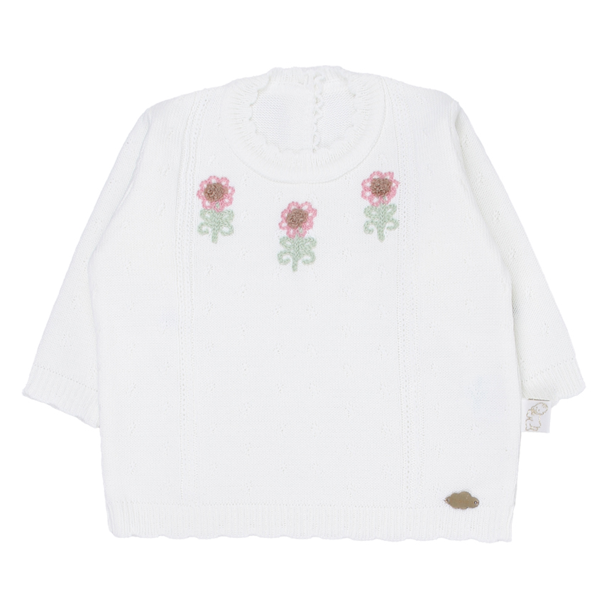 Conjunto Bebê Chandra Casaco Bordado Flor E Calça Em Tricô