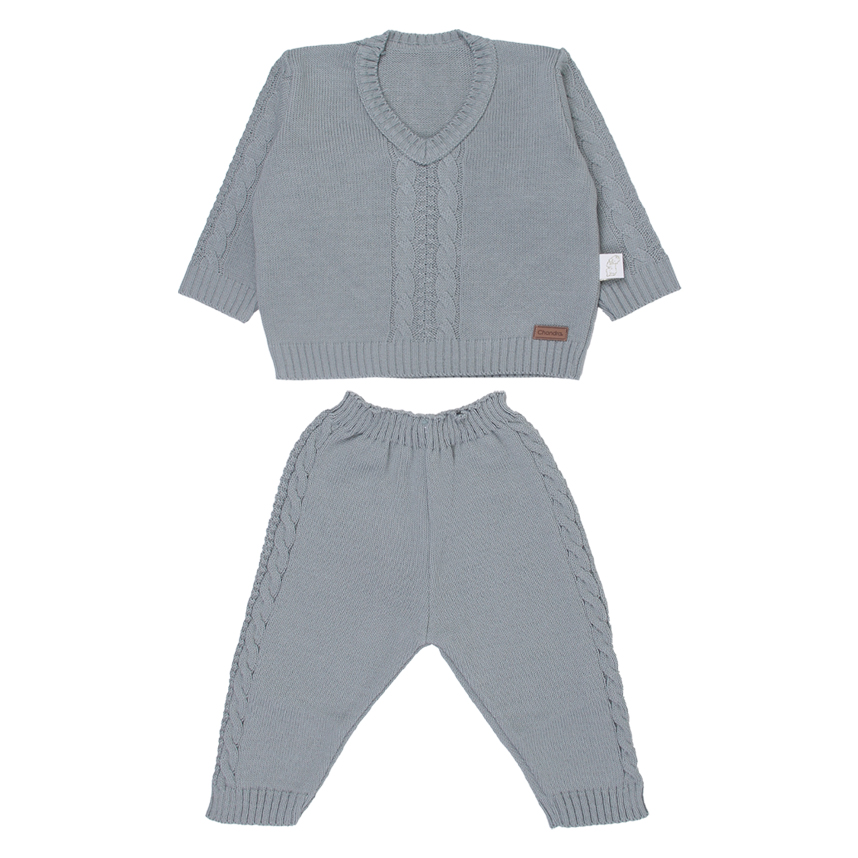 Conjunto Bebê Chandra Casaco E Calça Tricô Detalhe Trançado