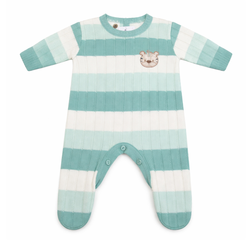 Macacão Longo Bebê Chandra Listras Bordado Tigre Em Tricô