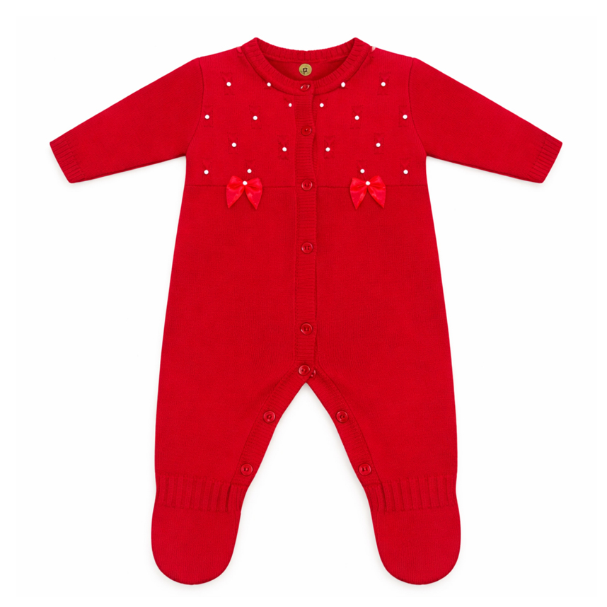 Macacão Longo Bebê Chandra Aplique Pérolas E Laços Em Tricô