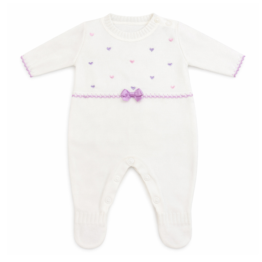 Macacão Longo Bebê Chandra Bordado Coração E Laços Tricô