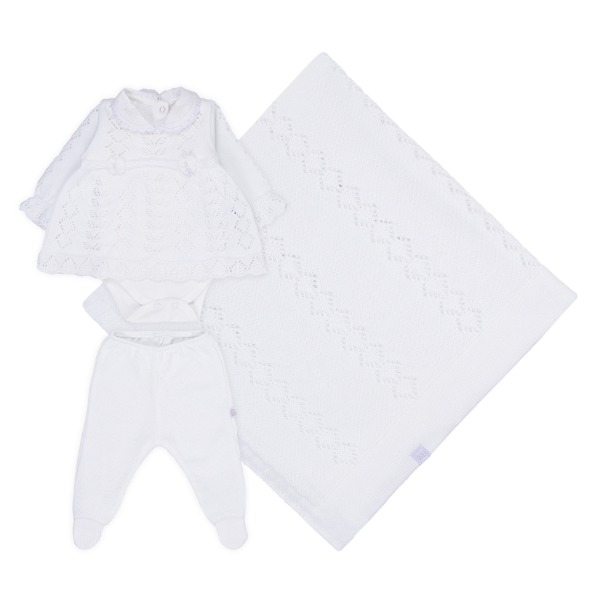 Saída Maternidade Beth Bebê Vestido Tricô Bordado 4 Peças