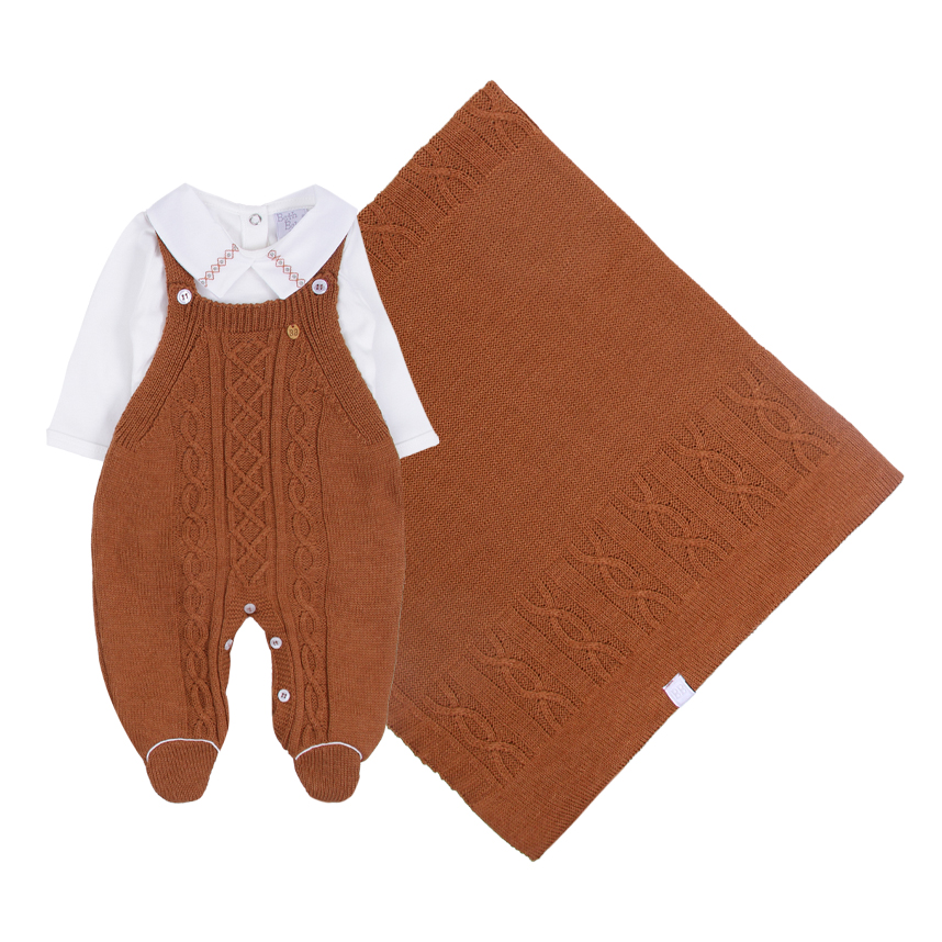 Saída Maternidade Beth Bebê Menino Jardineira Tricô 3 Peças