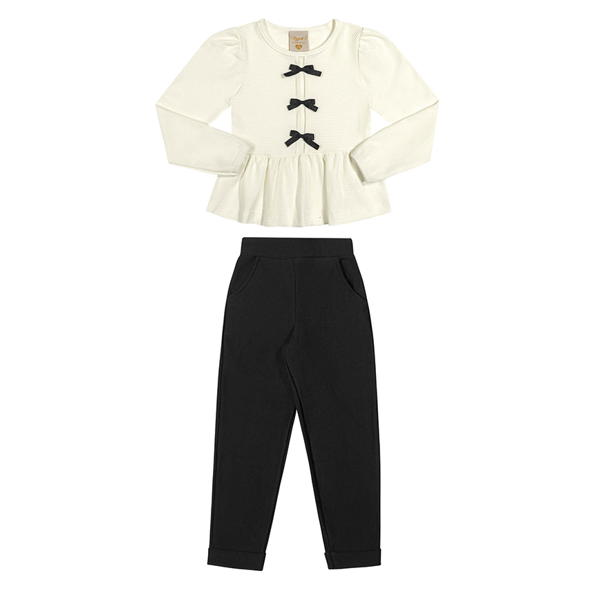 Conjunto Infantil Angerô Blusa Aplique Laços E Calça