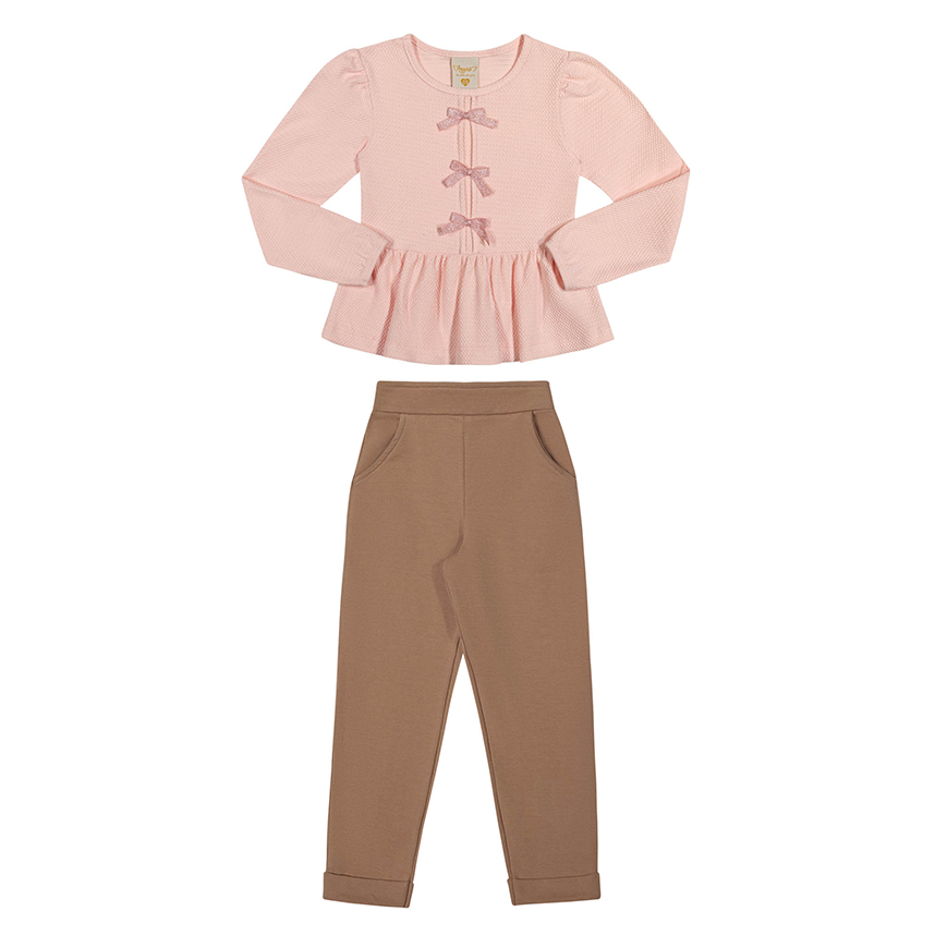 Conjunto Infantil Angerô Blusa Aplique Laços E Calça