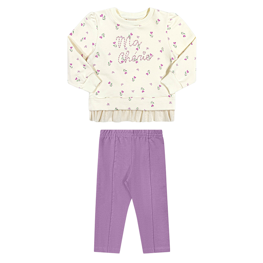 Conjunto Infantil Angerô Blusa Bordado Flor Com Tule E Calça