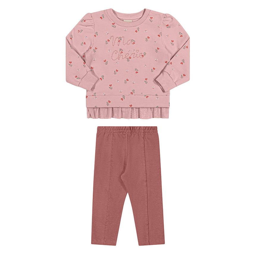Conjunto Infantil Angerô Blusa Bordado Flor Com Tule E Calça