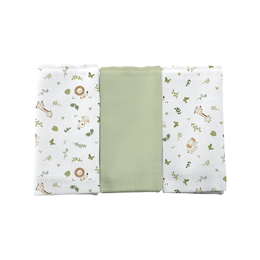 Pano De Boca Bercinho Estampa Safari Folhas 3 Peças