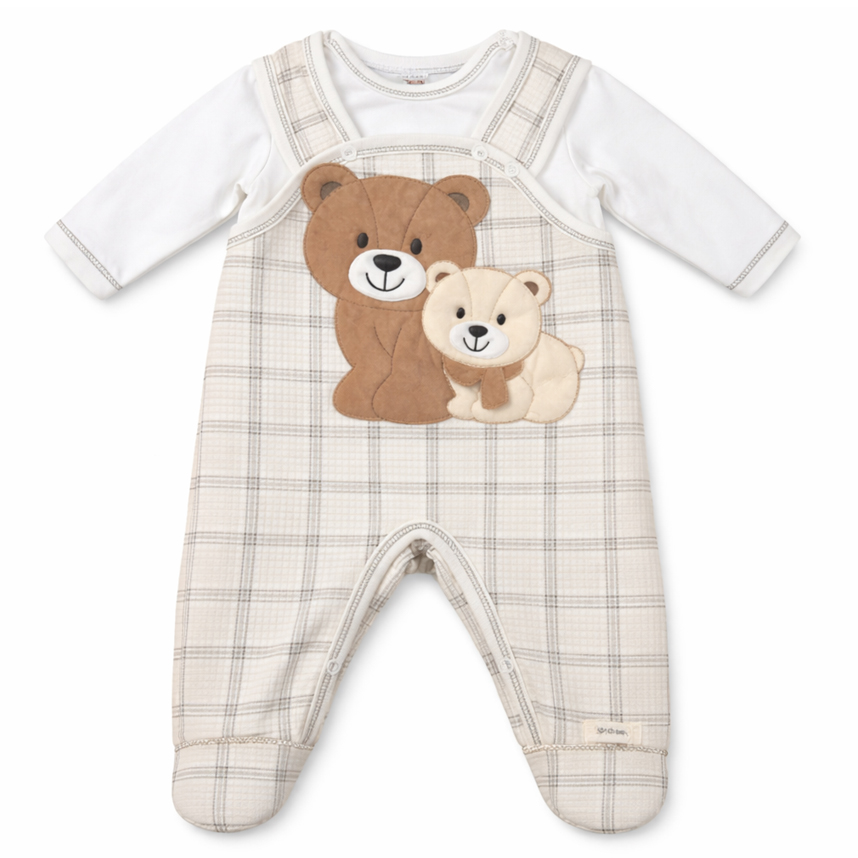 Macacão Longo Bebê Upi Uli Xadrez Bordado Ursinho 2 Peças