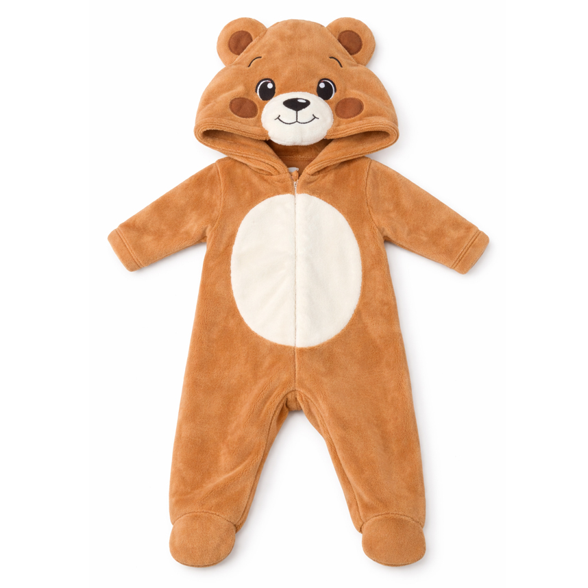 Macacão Longo Bebê Upi Uli Fleece Com Capuz Bordado Urso