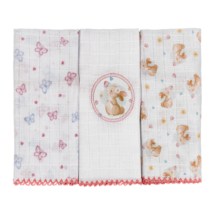 Pano De Boca Baby Joy Quadriculado Estampa Coelha 3 Peças