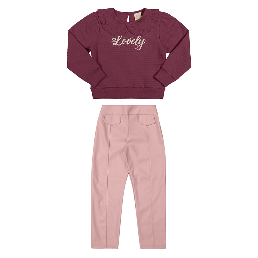 Conjunto Infantil Angerô Blusa Estampa Lovely E Calça Couro