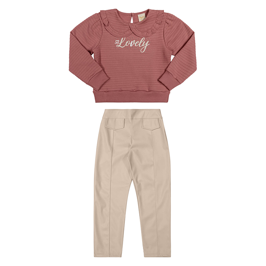 Conjunto Infantil Angerô Blusa Estampa Lovely E Calça Couro