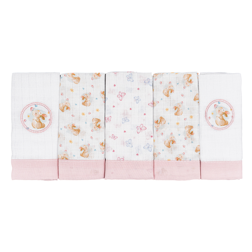 Pano De Boca Baby Joy Quadriculado Estampa Coelha 5 Peças