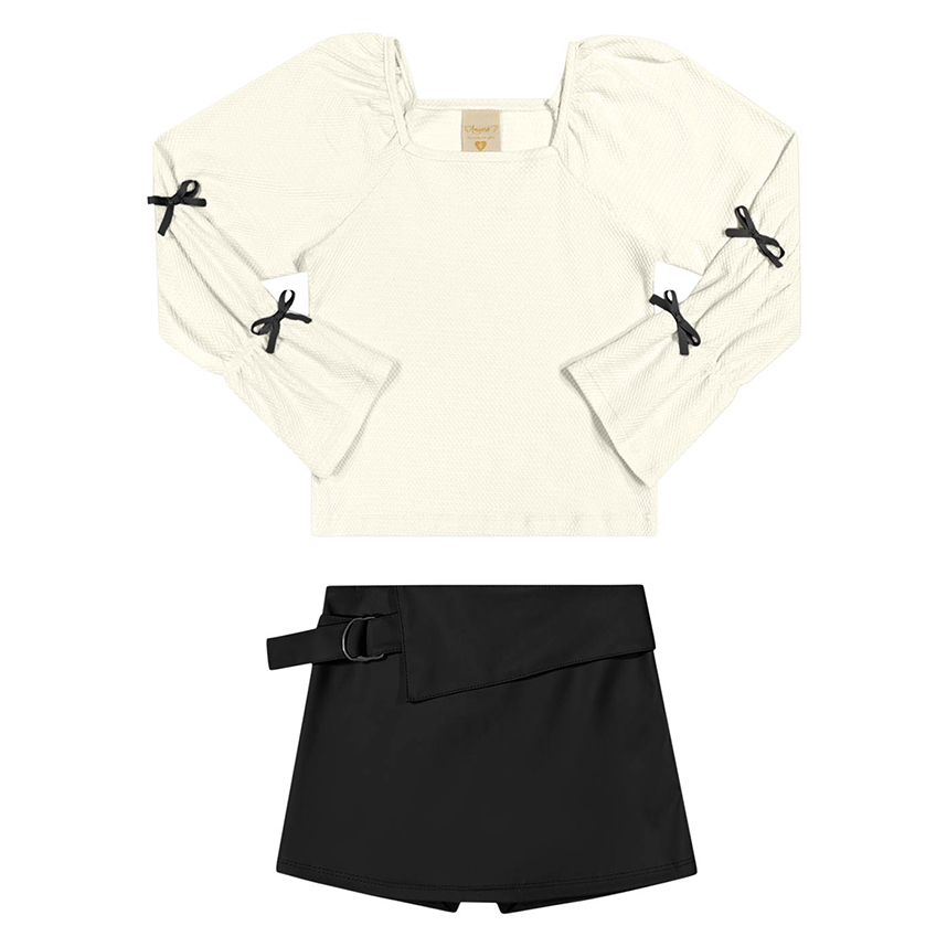 Conjunto Juvenil Angerô Blusa Laço E Short Saia Couro