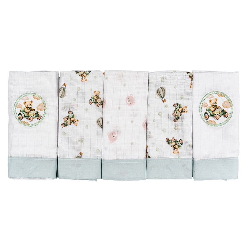 Pano De Boca Baby Joy Quadriculado Estampa Urso 5 Peças
