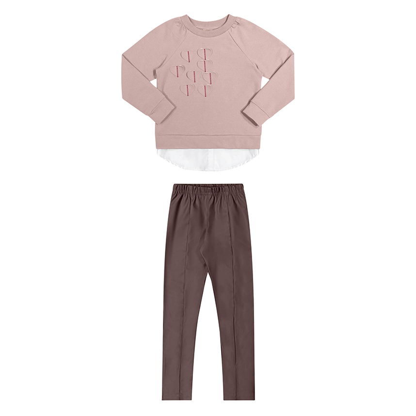 Conjunto Juvenil Angerô Blusa Aplique Bordado E calça Couro