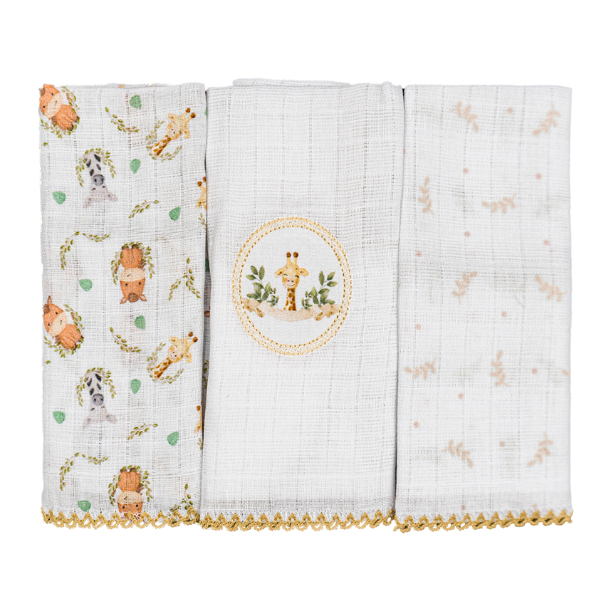 Pano De Boca Baby Joy Quadriculado Estampa Safari 3 Peças