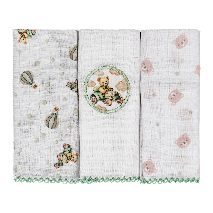 Pano De Boca Baby Joy Quadriculado Estampa Urso 3 Peças