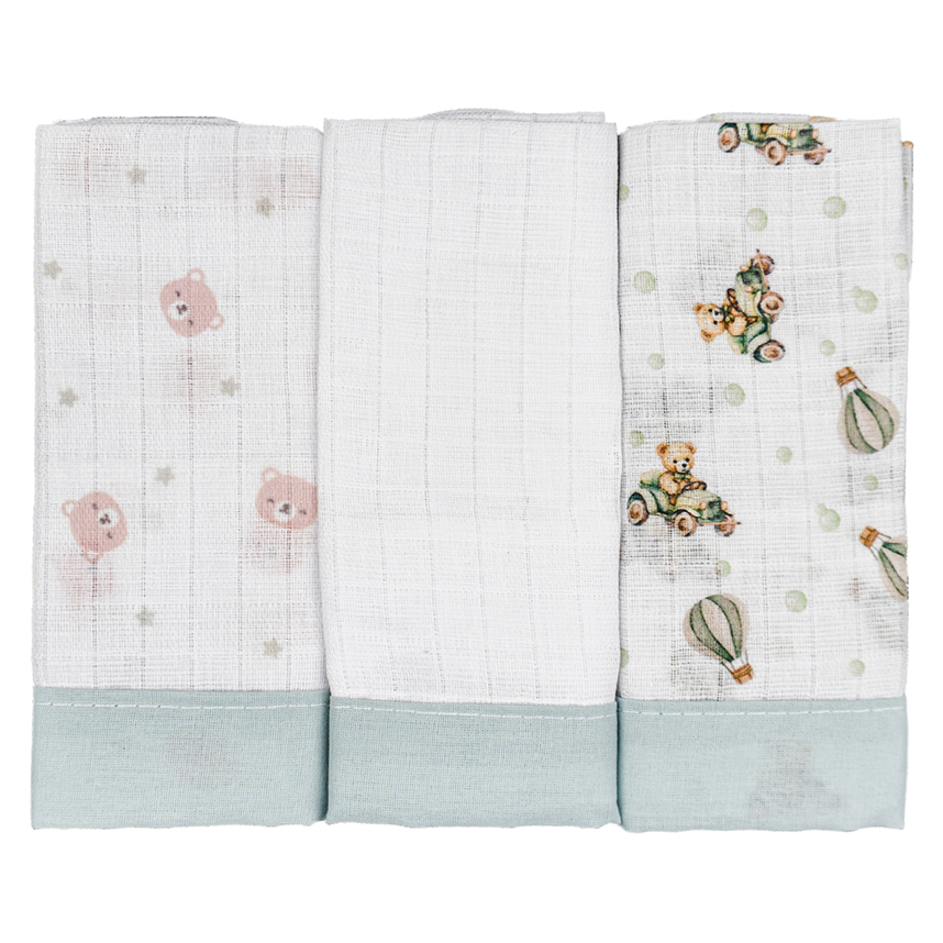 Pano De Boca Baby Joy Quadriculado Estampa Urso 3 Peças