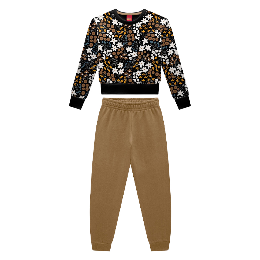 Conjunto Infantil Kyly Blusão Estampa Flores E Calça Moletom