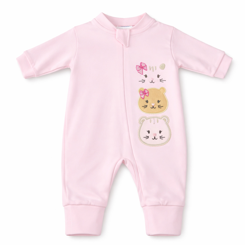 Macacão Longo Bebê Suedine Baby Bee Bordado Gatinhas