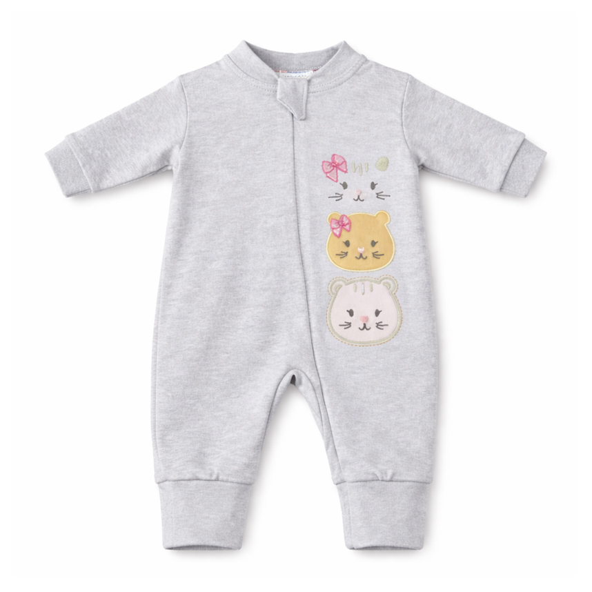 Macacão Longo Bebê Suedine Baby Bee Bordado Gatinhas