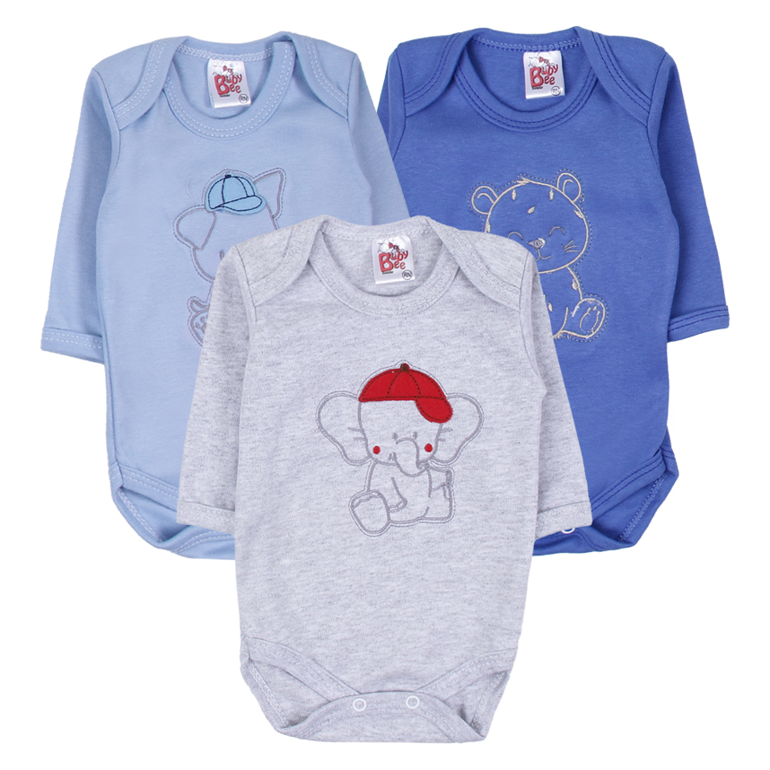 Kit Body Bebê Baby Bee Manga Longa Bordado Bichinhos 3 Peças