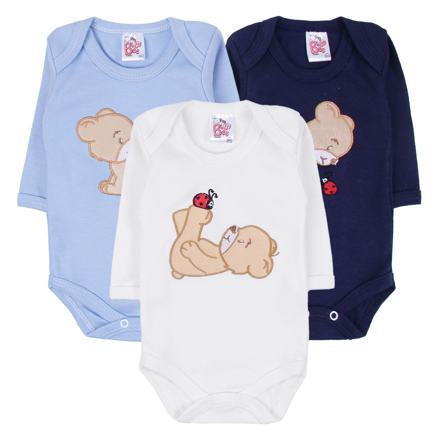 Kit Body Bebê Baby Bee Manga Longa Bordado Ursinho 3 Peças