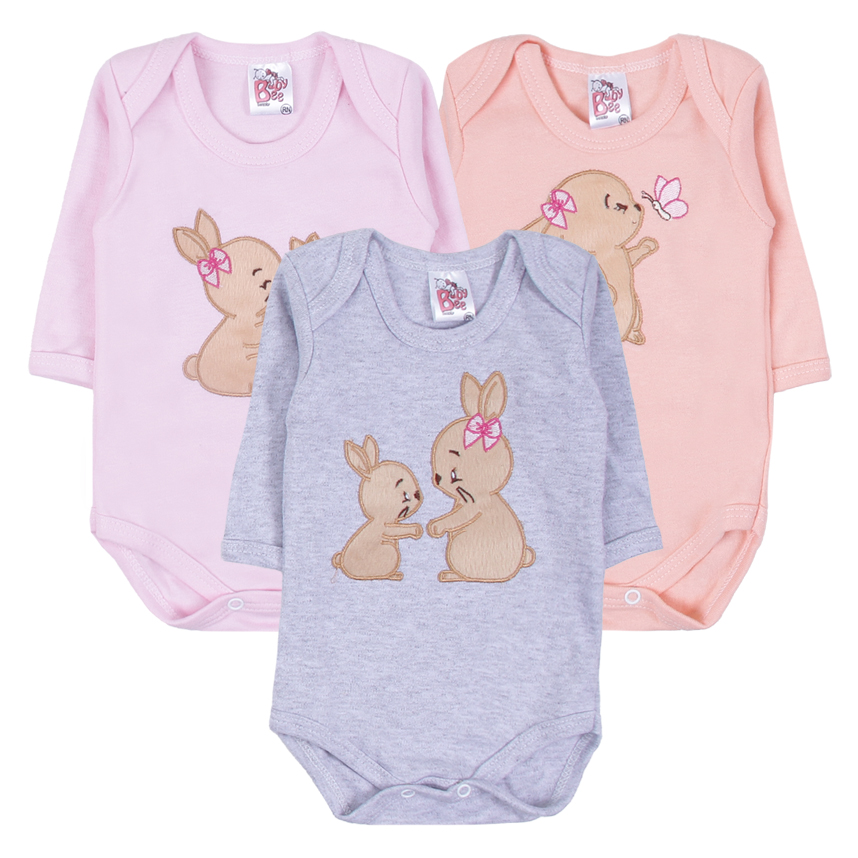 Kit Body Bebê Baby Bee Manga Longa Bordado Coelhinha 3 Peças