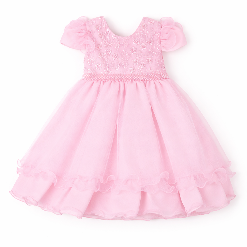 Vestido Infantil Nelu Pala Bordada Com Saia Babados