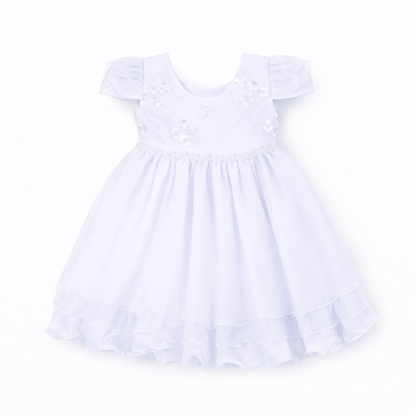 Vestido Infantil Nelu Bordado Flores Saia Tule Babado