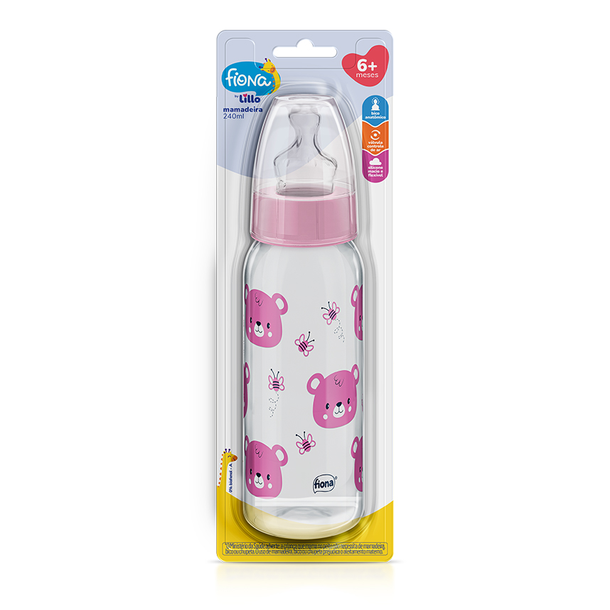 Mamadeira Fiona Silicone Desenhos Rosa 240ml