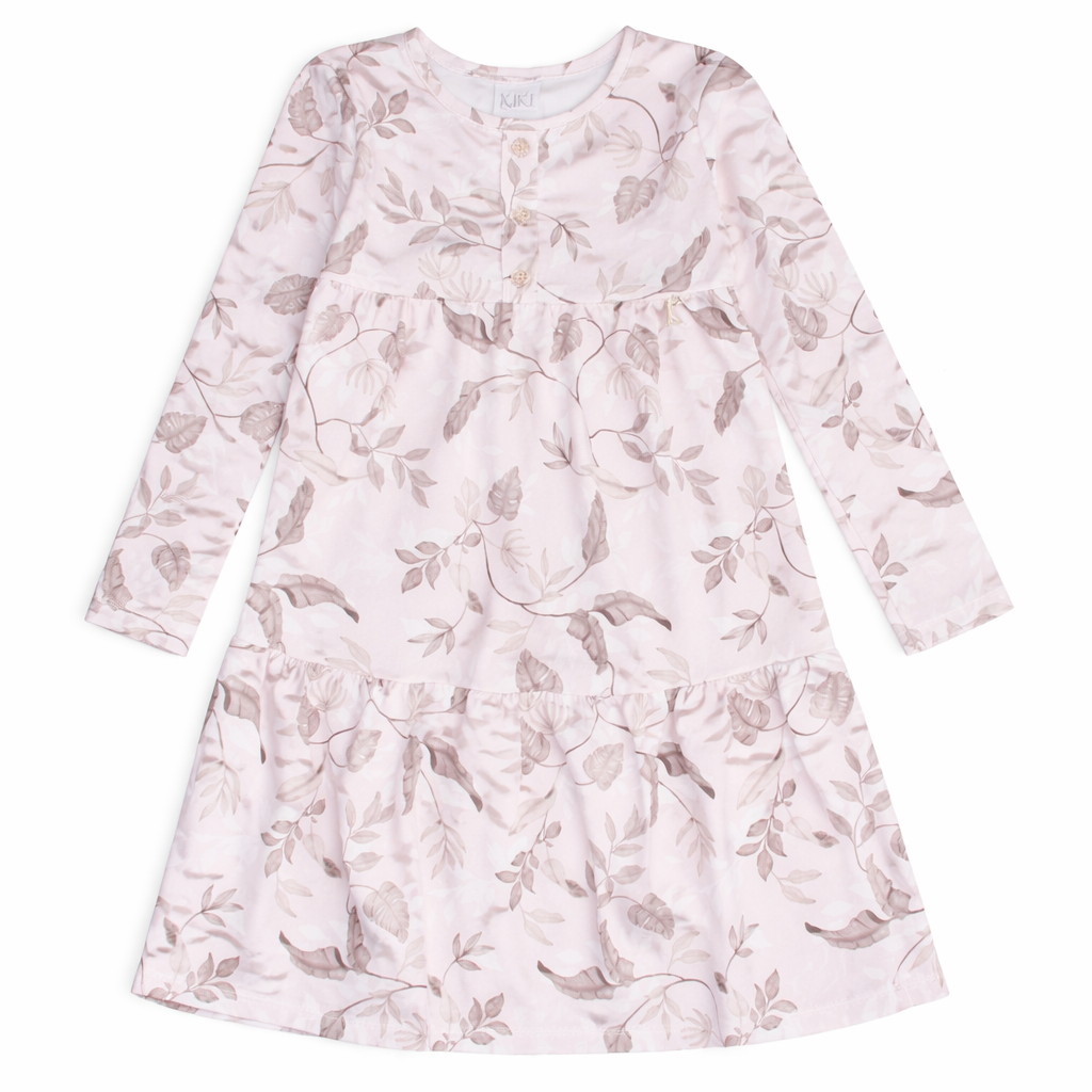 Vestido Infantil Kiki Manga Longa Estampa Folhas