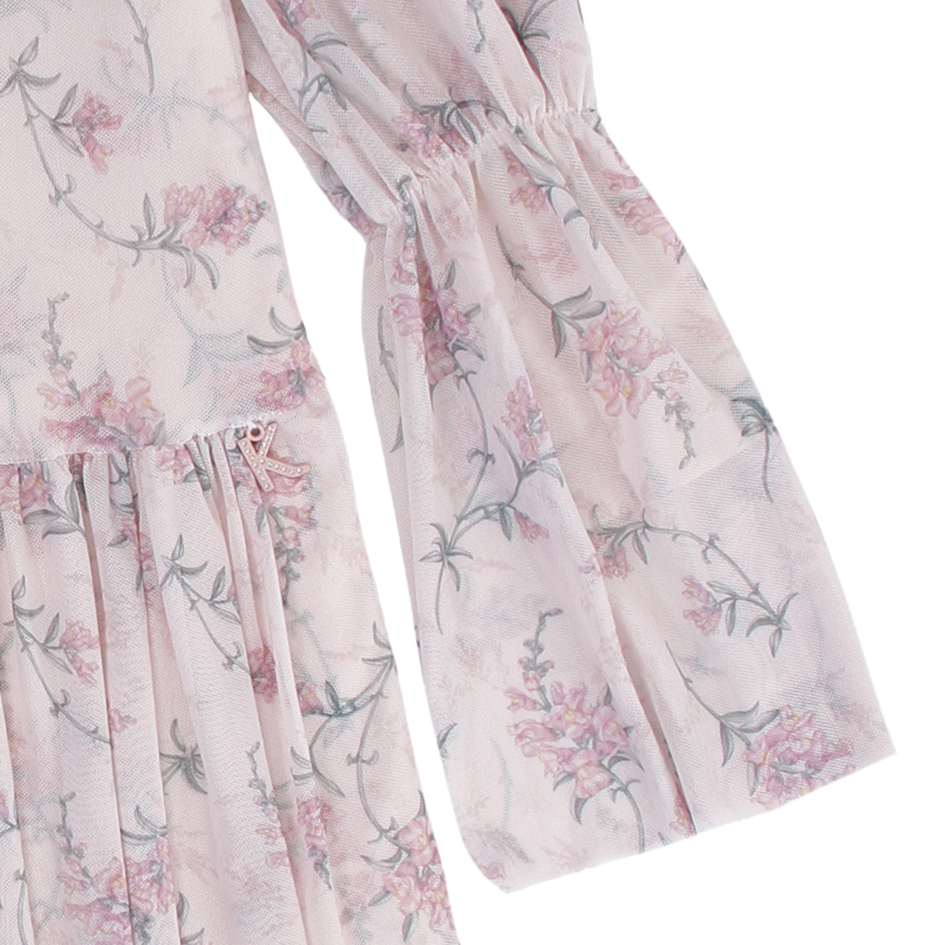 Vestido Infantil Kiki Manga Longa Tule Estampa Flor