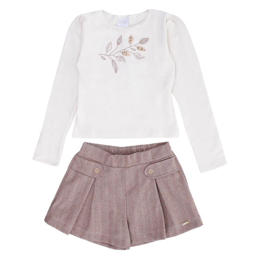 Conjunto Infantil Kiki Blusa Longa Estampa Folhas e Short