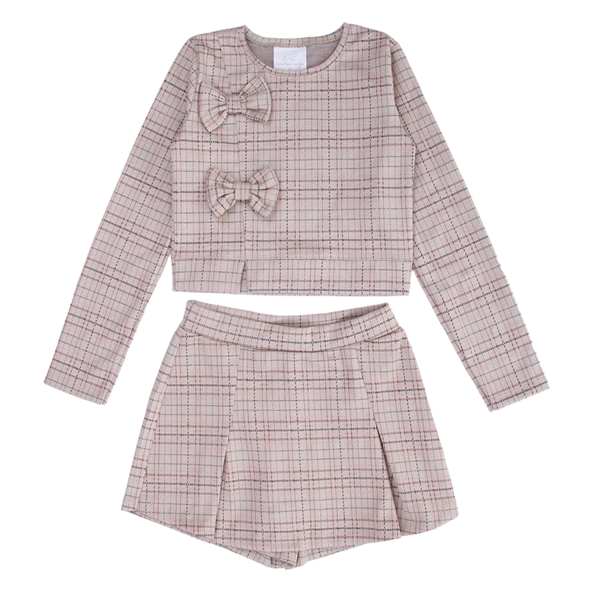 Conjunto Juvenil Menina Anjo Blusa Laços e Short Saia Xadrez